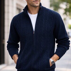 VIGO Mens Navy FULL Zip Cardigan Sweater Size L with Fleece Lining NWT